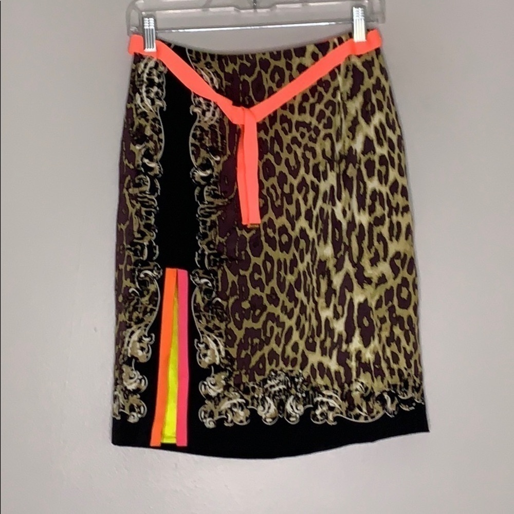 Elie Tahari Silk Leopard Print Neon Pencil skirt size 4 belted women’s